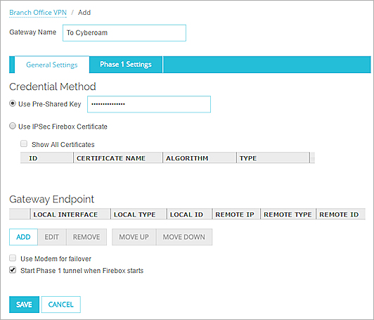 Screen shot of Branch Office VPN General Settings tab